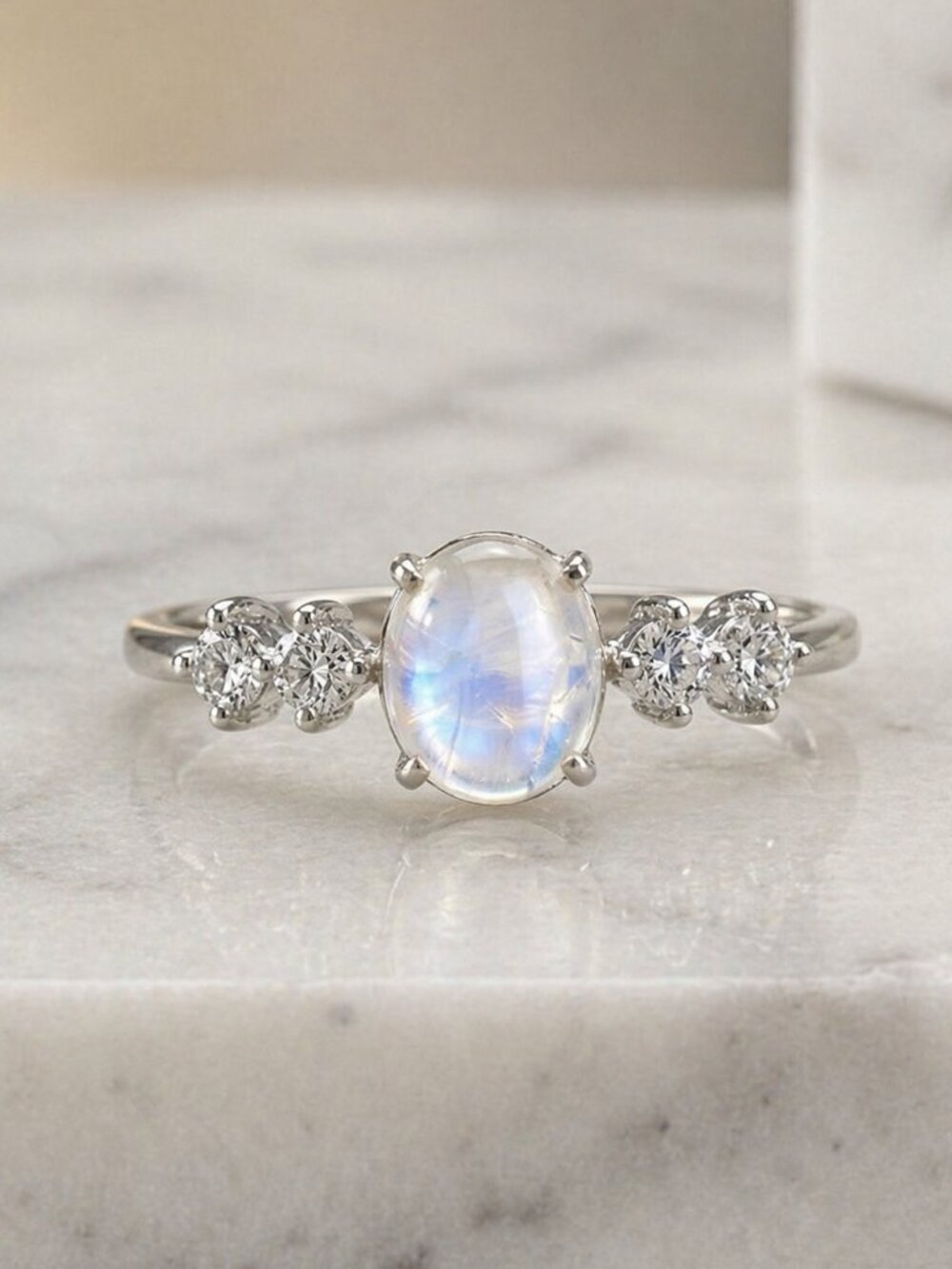 Celestial Dainty 925 Silver Genuine Moonstone CZ Minimalist Ring Size 10